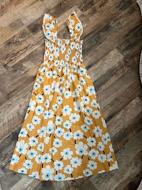 THML Mustard Floral Midi Dress with White and Light Blue Accents